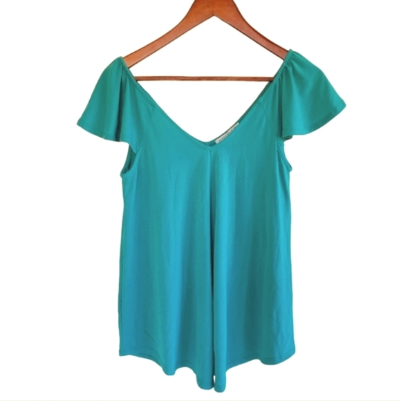 Green Envelope Tops - Green Envelope Ruffle Trim V-neck Top Green Teal Womens Small
